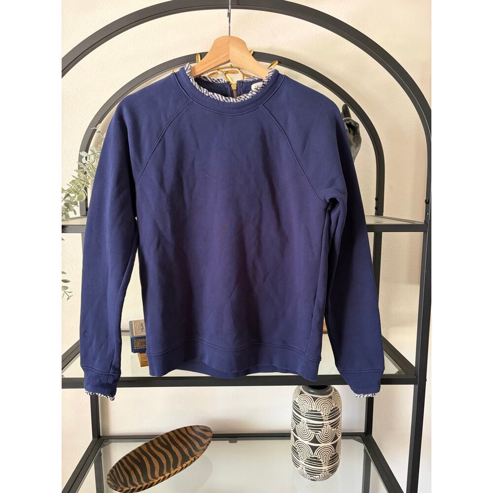 J Crew Ruffle Collar Sweatshirt Navy Blue Small Striped Trim 100% Cotton - Picture 2 of 4
